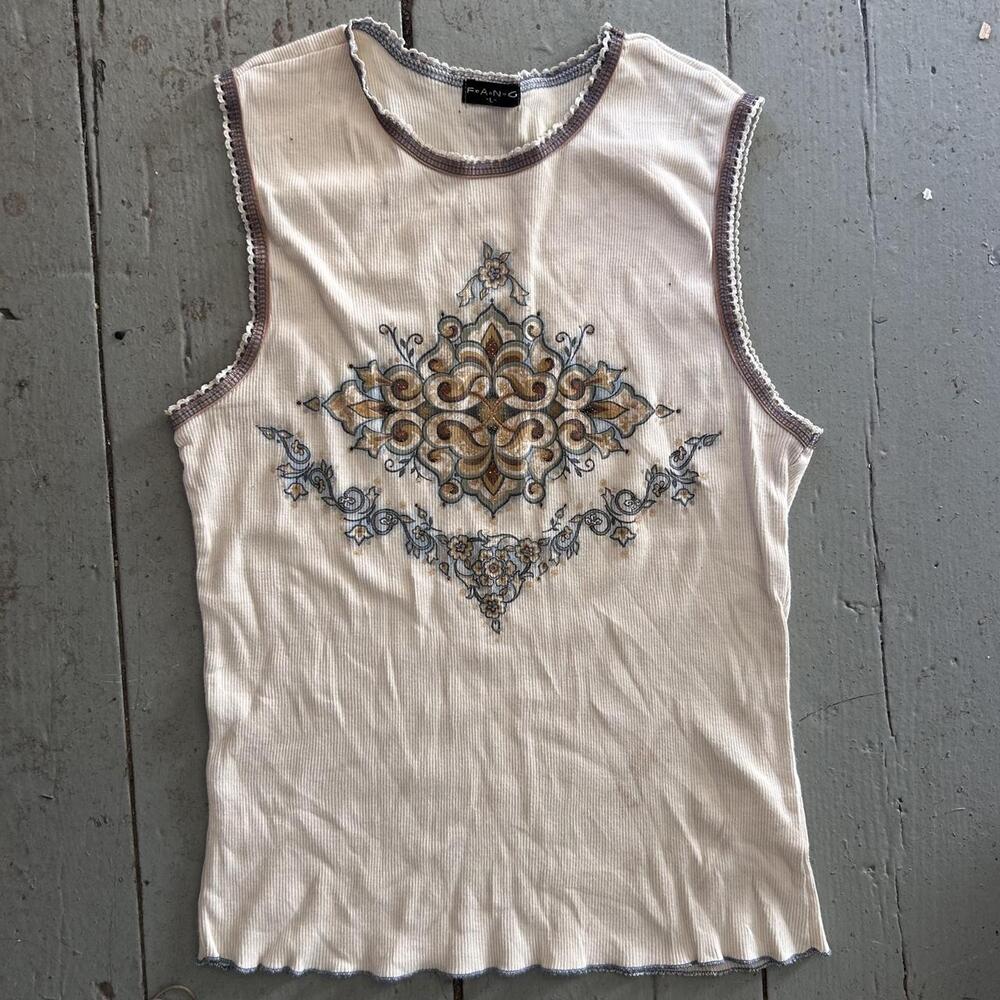 Y2K Cream White Embroidered Floral Tank Top - Size L